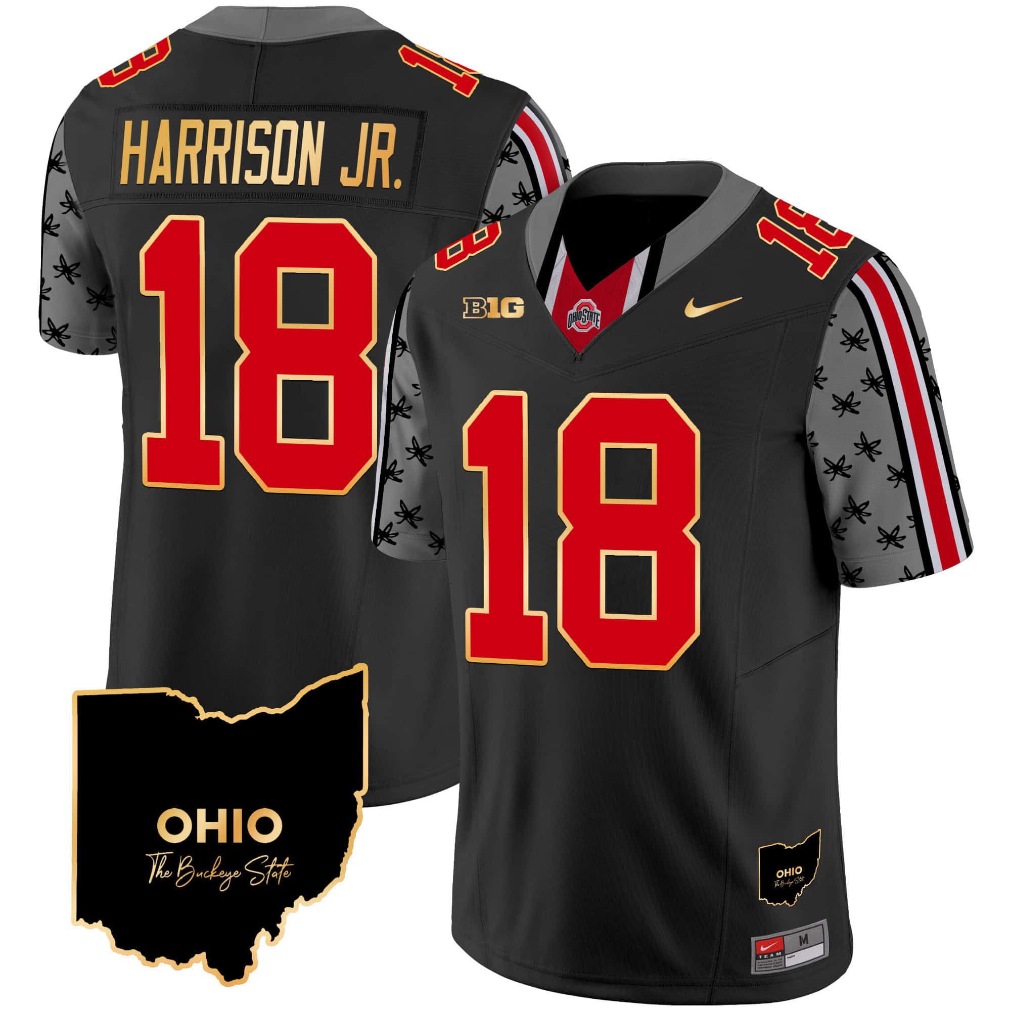 Men Ohio State Buckeyes #18 Harrison jr Black 2024 Nike Home Patch Gold Trim Vapor Limited NCAA Jersey style 1